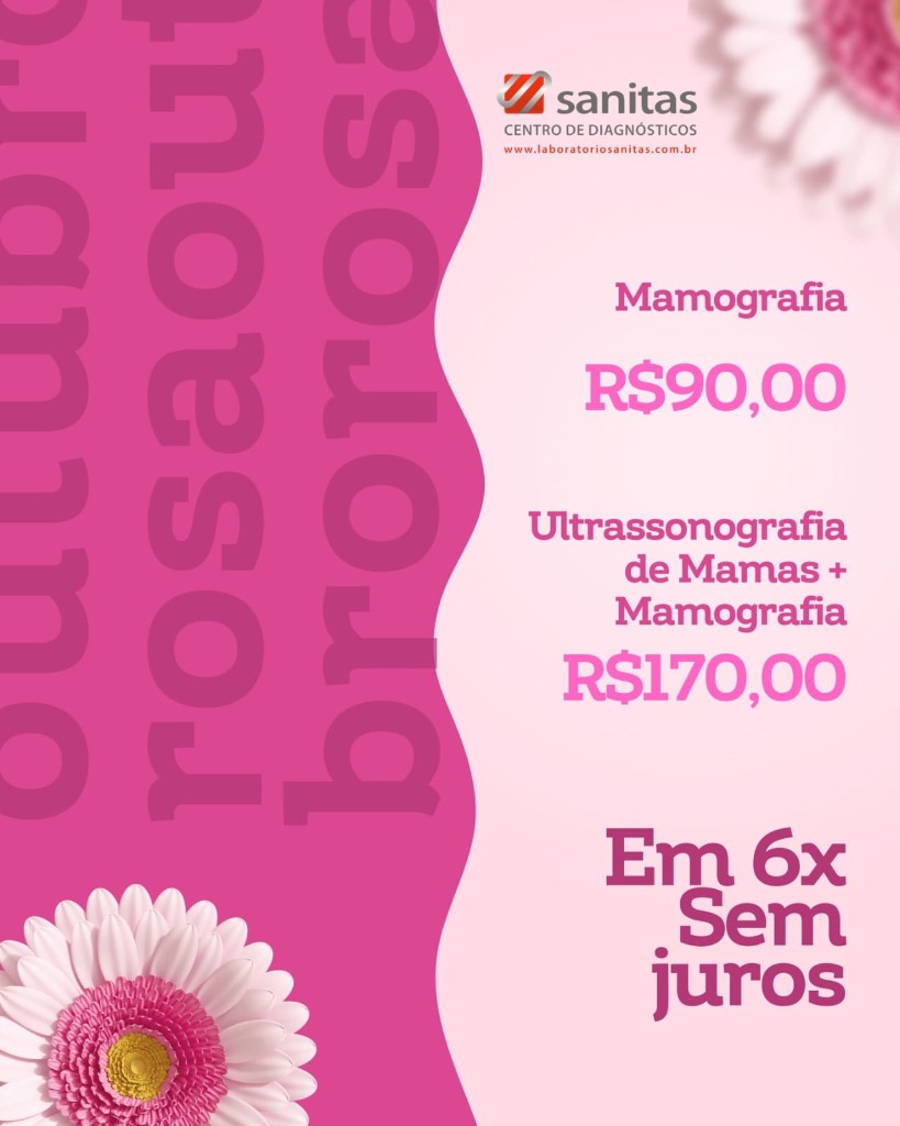 Mamografia R$ 90,00. Ultrassonografia de mamas mais mamografia R$ 170,00. Em 6x sem juros.