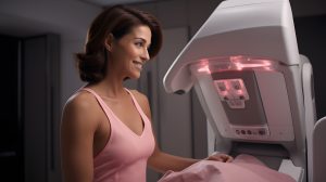 Mulher jovem fazendo o exame de mamografia digital